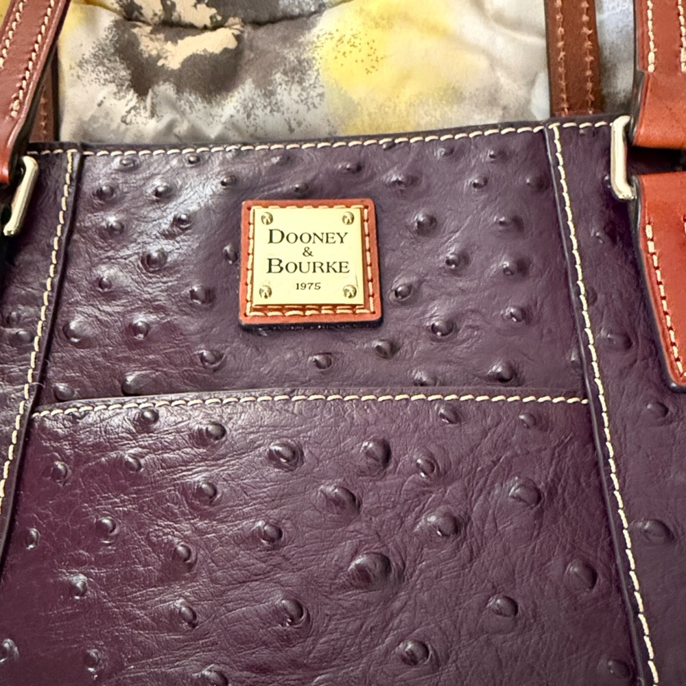 Dooney & Bourke Plum Ostrich-Embossed Tote with Brown Leather Handles - Picture 2 of 16